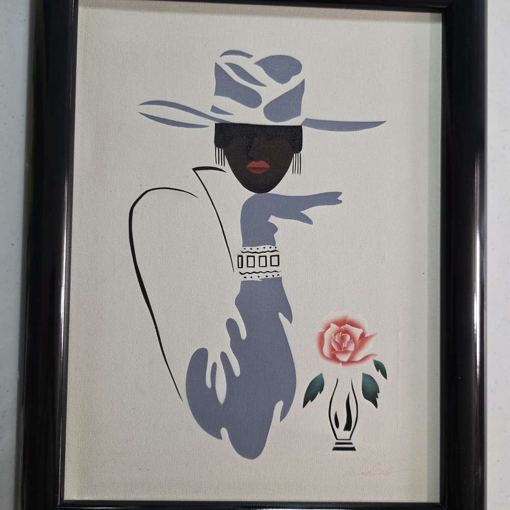 Stylish Lady with Pink Rose Canvas Art - Gray, Black & Pink